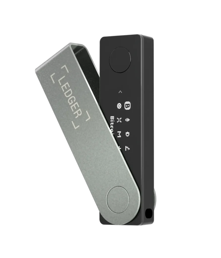 Ledger Nano X crypto wallet featuring a sleek design and Bluetooth connectivity.