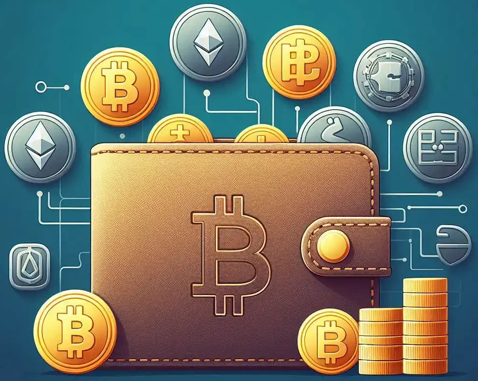 Graphic of a crypto wallet with different coin symbols